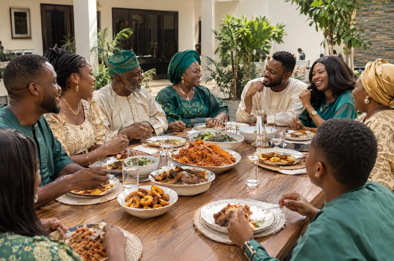 A Nigerian family and friends sharing Sunday lunch in a sunny courtyard