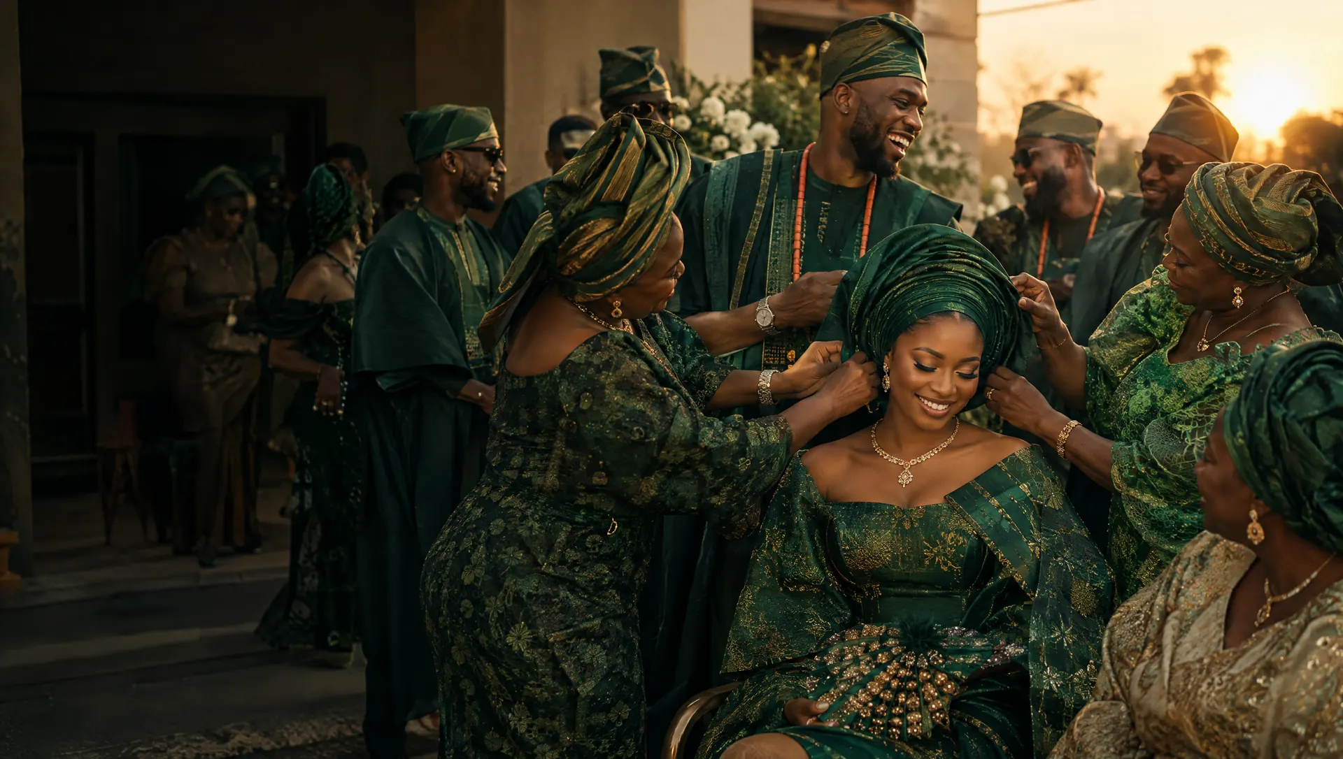 A bride in emerald aso-oke having her gele adjusted by her mother as family gather before a traditional wedding