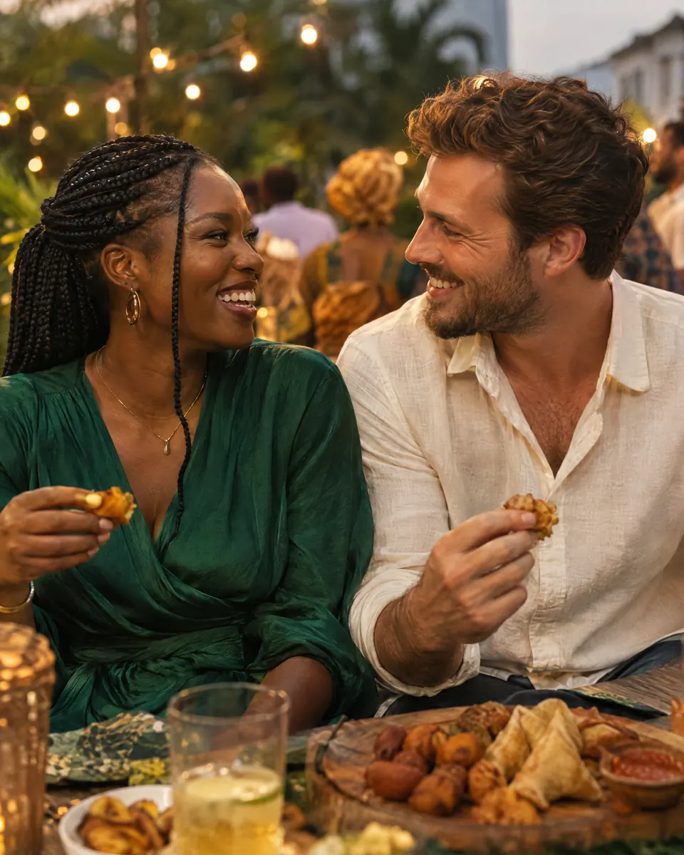 A Nigerian woman and her partner laughing over small chops at an evening garden party in Lagos
