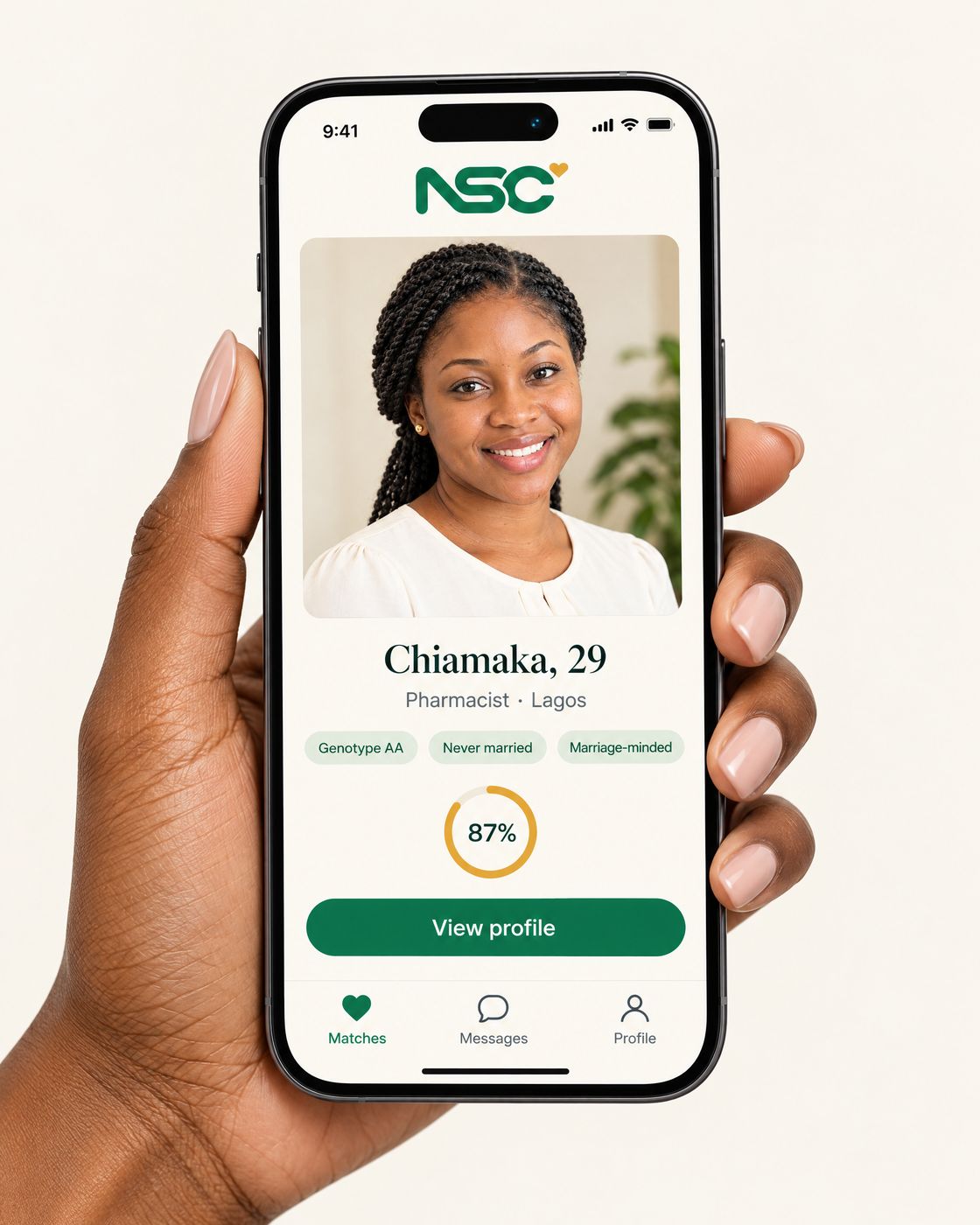 A match profile on the NSC mobile site